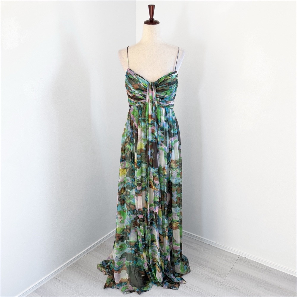 Aqua Silk Maxi Dress Womens 8 Watercolor Mermaid Goddess Ethereal HOCO FLAWED